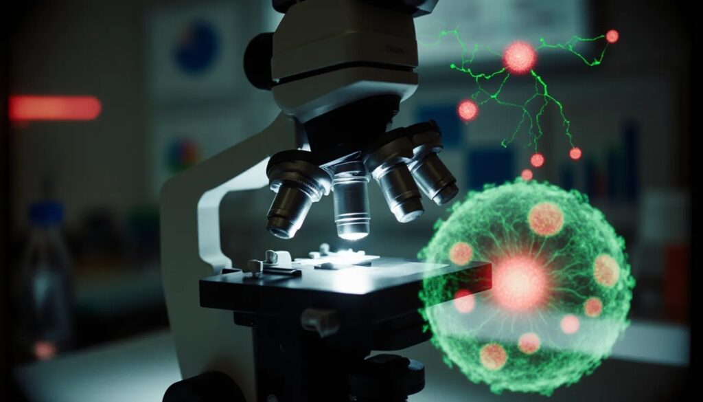 cancer cells in a lab with molecular graphics showing enhanced anti-cancer effects of a medication and plant-derived compound, highlighting apoptosis and receptor modulation.
