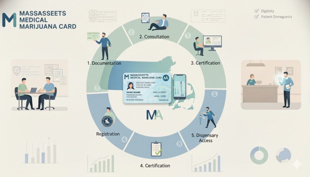 Illustration of patients receiving medical marijuana card certification in Massachusetts, showing healthcare provider consultation, state map, and step-by-step process for legal access.