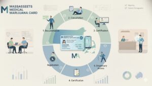 Illustration of patients receiving medical marijuana card certification in Massachusetts, showing healthcare provider consultation, state map, and step-by-step process for legal access.