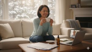 Person calmly managing anxiety at home with medical cannabis guidance, tea, and mindfulness tools, illustrating safe and personalized anxiety treatment in Massachusetts.