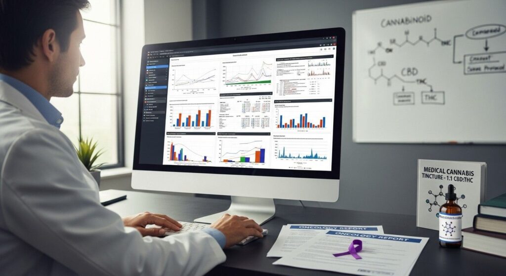 Scientist reviewing large-scale cancer research data with medical cannabis indicators and oncology reports, representing strong scientific support for cannabis in cancer care.