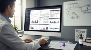 Scientist reviewing large-scale cancer research data with medical cannabis indicators and oncology reports, representing strong scientific support for cannabis in cancer care.