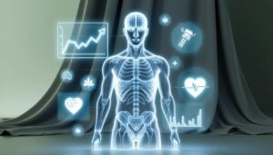 Futuristic illustration of a human figure surrounded by digital charts showing long-term effects on brain, heart, sleep, and mood.