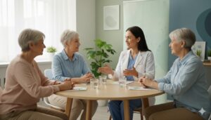 Healthcare provider educating seniors about safe medical cannabis use for aging-related wellness concerns