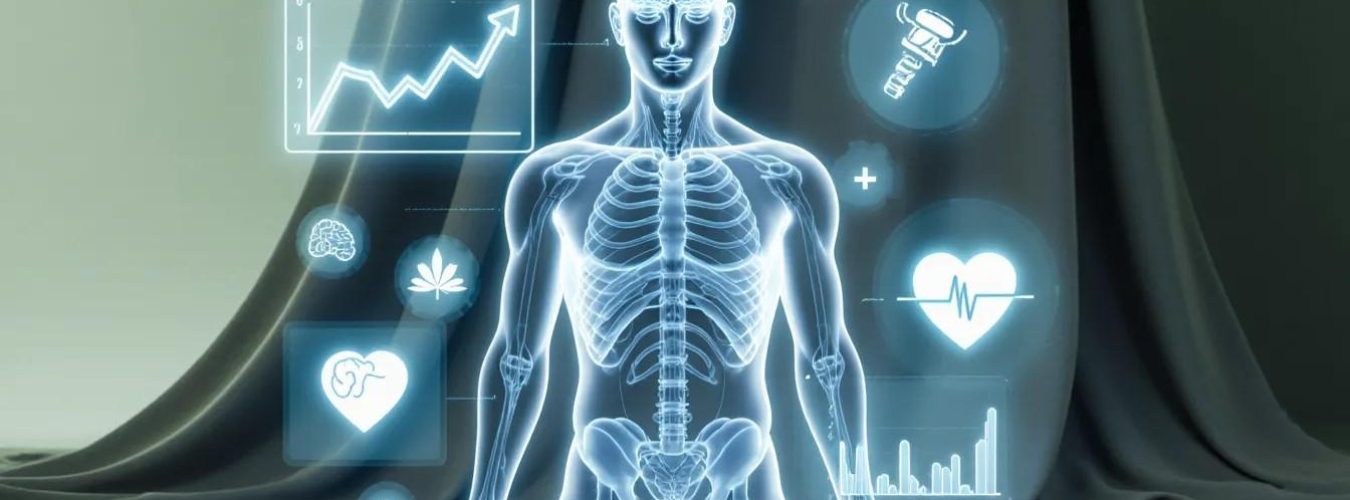 Futuristic illustration of a human figure surrounded by digital charts showing long-term effects on brain, heart, sleep, and mood.