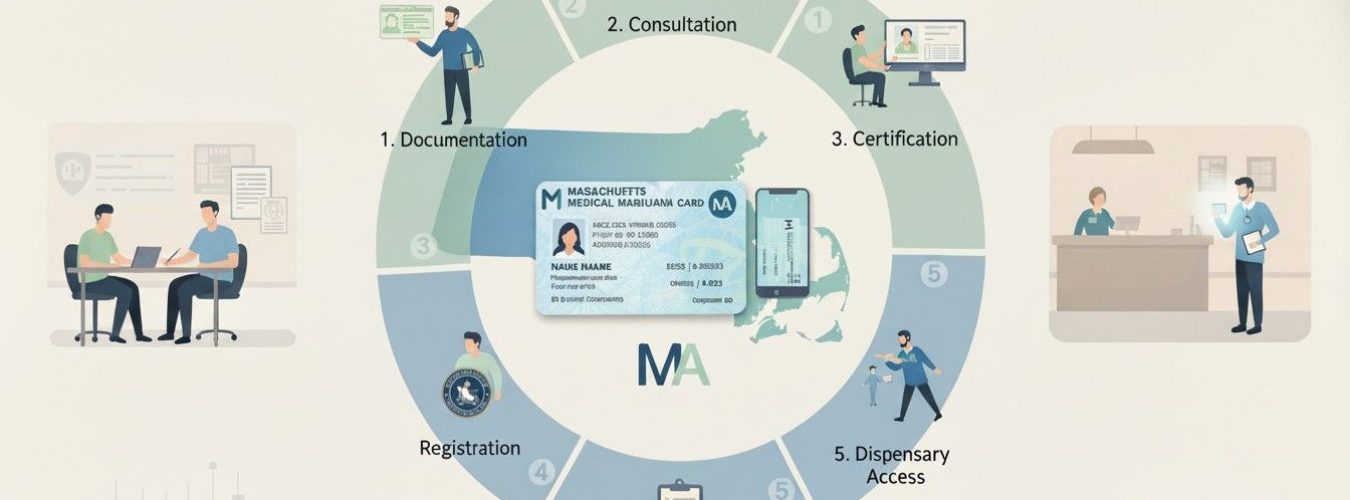 Illustration of patients receiving medical marijuana card certification in Massachusetts, showing healthcare provider consultation, state map, and step-by-step process for legal access.
