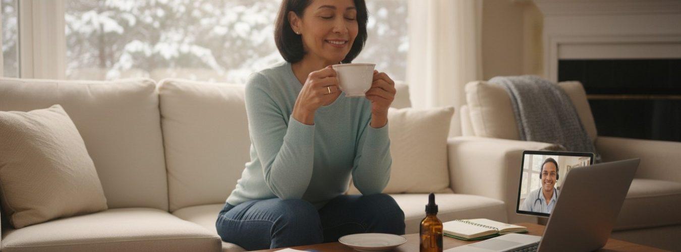 Person calmly managing anxiety at home with medical cannabis guidance, tea, and mindfulness tools, illustrating safe and personalized anxiety treatment in Massachusetts.