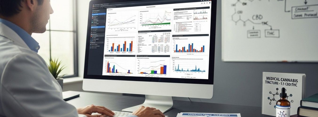 Scientist reviewing large-scale cancer research data with medical cannabis indicators and oncology reports, representing strong scientific support for cannabis in cancer care.